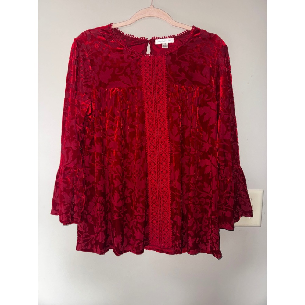 John Paul Richard Red Burnout Velvet Lace Trim Bell Sleeve Blouse Small